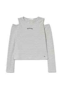 Striped long-sleeve top featuring cold shoulders, grey and white colors, and an embroidered “Brownie” logo on the chest. Soft, textured fabric.