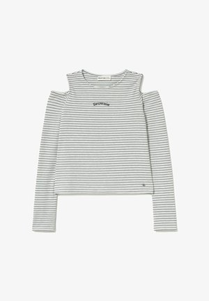 Top de manga larga a rayas con hombros al descubierto, en colores gris y blanco, y un logo bordado de "Brownie" en el pecho. Tejido suave y texturizado.