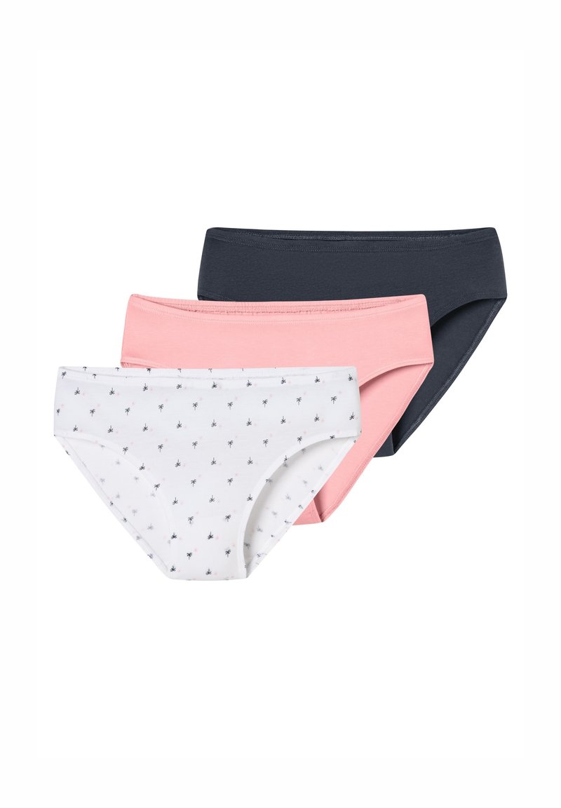 Drei Paare Damen Baumwollslips: ein weißer mit Palmendruck, ein pinkfarbener und ein einfarbiger dunkelgrauer. Alle verfügen über einen standardmäßigen elastischen Bund.