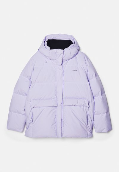 Lavender puffer jacket with a detachable hood, two front pockets, stitched panels, and an embroidered logo on the chest.