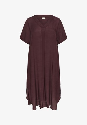 Bordeaux, kortærmet kjole med V-udskæring, afslappet pasform og ujævnet kant. Fremstillet af letvægts, tekstureret stof.