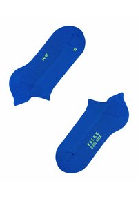 Calcetines deportivos azules con un diseño de punto texturizado. Presentan letras verdes y marcas distintivas de izquierda (L) y derecha (R).