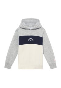 Sudadera con capucha en gris, marino y crema. Presenta un logo frontal y un bolsillo canguro. Confeccionada con un tejido suave y texturizado y con capucha.