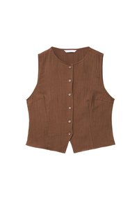 Brązowy, bezrękawnik wykonany z teksturowanej tkaniny, z okrągłym dekoltem, z przodu na guziki i bocznymi kieszeniami.