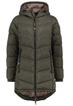 Long manteau d'hiver matelassé vert olive avec capuche, fermeture éclair intégrale à l'avant, poches latérales zippées et poignets côtelés.