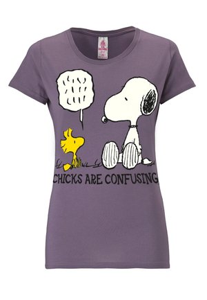 Purple cotton t-shirt featuring a graphic of Snoopy and Woodstock with the phrase "CHICKS ARE CONFUSING" in black text.