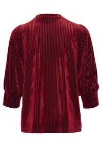 Blusa in velluto rosso con righe nere verticali, scollatura rotonda e maniche a sbuffo. Tessuto morbido, di lunghezza media con una leggera caduta.
