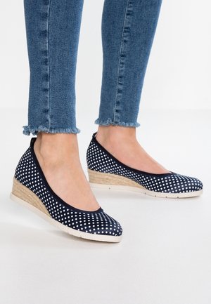 Fødder iført marineblå kilehælsko med prikker, beige flettede hæle og hvide såler, kombineret med blå skinny jeans med frynset kant.