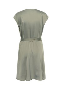 Robe midi vert clair à manches courtes avec un col rond et une ceinture en tissu assortie nouée à la taille, vue de dos.