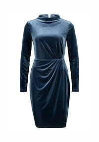 Navyblaues Samtkleid mit hochgeschlossenem Kragen, langen Ärmeln, drapiertem Frontdesign und enger Silhouette. Glatte Textur und elegantes Design.