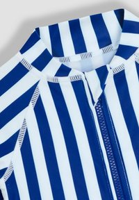 Rash guard rayé bleu marine et blanc avec un col haut, des manches courtes et une fermeture éclair à l'avant. Matière lisse et extensible pour le confort.