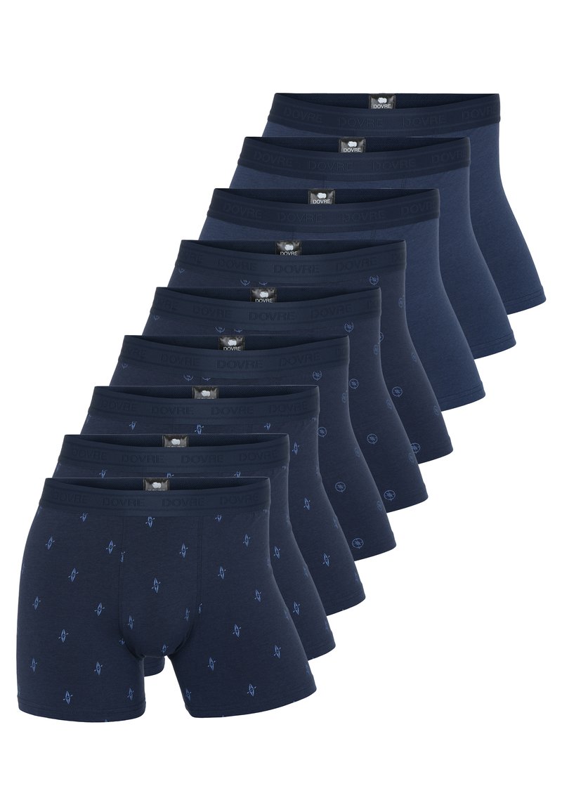 Marineblå boxershorts lavet af blødt stof, med et mønstret design og små blå accenter, samt elastiske taljer med logomærker.