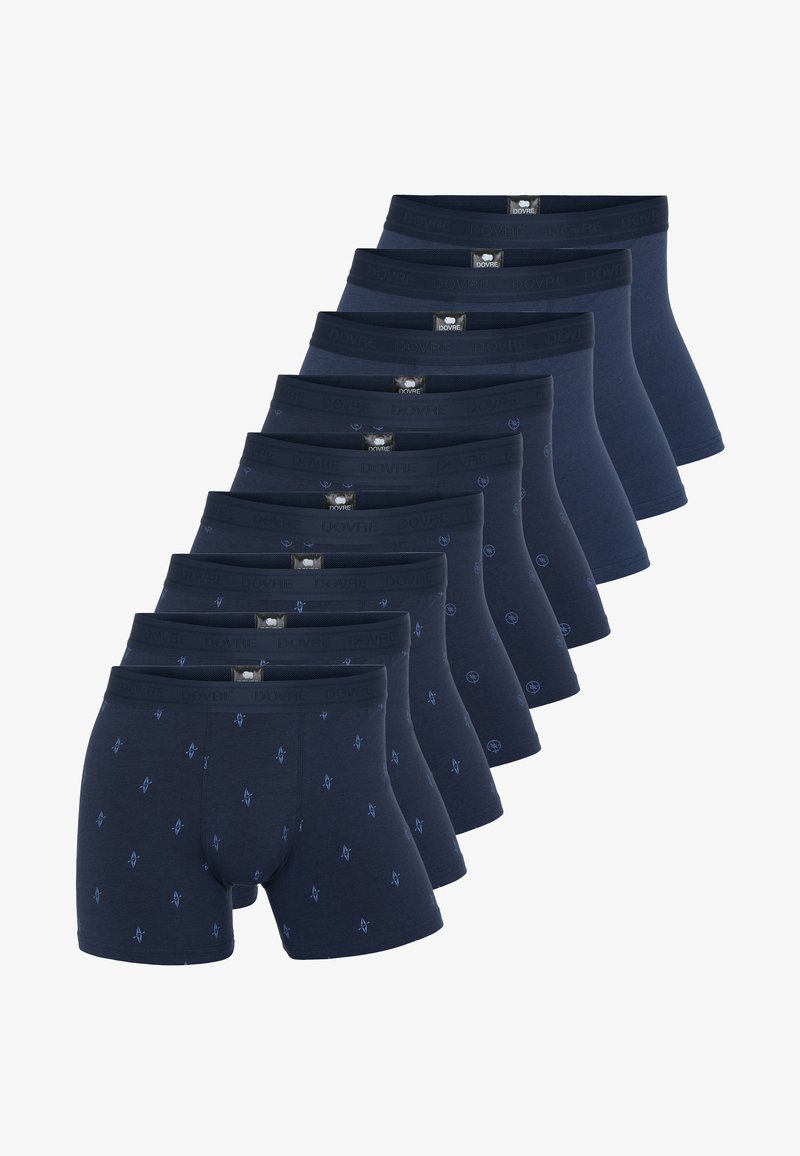 Marineblå boxershorts lavet af blødt stof, med et mønstret design og små blå accenter, samt elastiske taljer med logomærker.