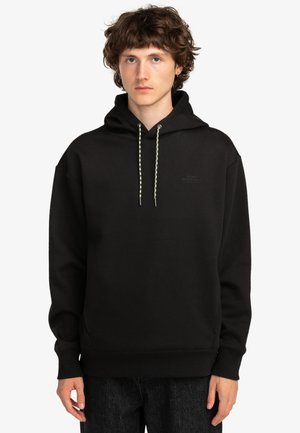 Black hooded sweatshirt with a kangaroo pocket, ribbed cuffs, and hem. Features contrasting drawstrings and a small logo on the front.