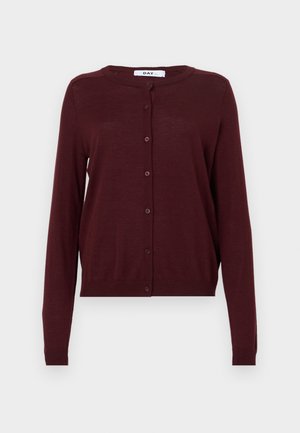 Cardigan bordeaux realizzato in tessuto a maglia leggero, con maniche lunghe, scollatura tonda e chiusura frontale con bottoni, composta da sei bottoni.
