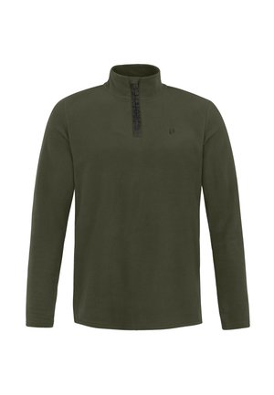 Fleece pullover in dark olive green, features a half-zip collar, long sleeves, and a subtle texture. Logo detail on the placket.