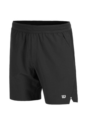 Pantaloncini sportivi neri con cintura elastica e piccolo logo bianco sulla gamba sinistra, dotati di spacco laterale per una maggiore mobilità.