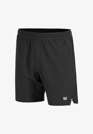 Schwarze Sportshorts mit elastischem Bund und kleinem weißem Logo am linken Bein, ausgestattet mit einem seitlichen Schlitz für mehr Bewegungsfreiheit.