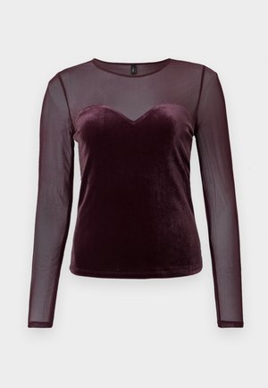 Bordeaux lange mouwen top met een fluwelen bodice, een hartvormige halslijn en doorschijnende mouwen van gaas, een gladde textuur en een strakke pasvorm.