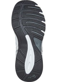 Cipőtalp fekete gumialapzattal, textúrált barázdákkal és fehér díszítéssel. A dizájn különböző mintákat tartalmaz a tapadáshoz.
