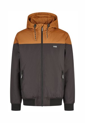 Men’s hooded jacket with brown upper section, dark gray lower section, front zipper, side pockets, and drawstring hood.