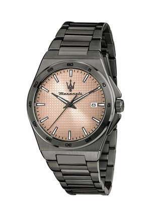 Orologio da polso da uomo con cinturino in metallo nero, quadrante texturizzato color oro rosa, indici delle ore in argento, logo Maserati e datario alle 3.