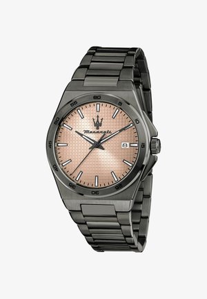 Orologio da polso da uomo con cinturino in metallo nero, quadrante texturizzato color oro rosa, indici delle ore in argento, logo Maserati e datario alle 3.