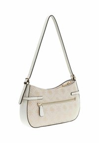 Sac à main blanc avec un motif floral texturé, des ferrures dorées, une poche zippée et une fine bandoulière ornée de détails.