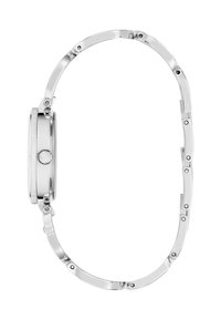 Silberne Metalluhr mit Gliederarmband und seitlicher Krone, seitlich vor weißem Hintergrund gezeigt.