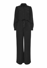 Mono negro con cuello tipo camisa, mangas largas abullonadas, botonera frontal, dos bolsillos en el pecho y un cinturón atado en la cintura, hecho de una tela suave.