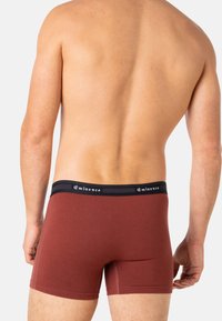 Boxer-briefs bordeaux avec une ceinture noire affichant le logo "Eminence". Tissu doux, design ajusté et texture lisse.