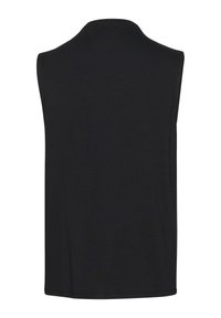 Haut sans manches noir avec un col haut, présentant une texture lisse et un design simple et épuré. Pas de motifs visibles ni de détails matériels.