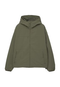 Veste à capuche vert olive avec fermeture éclair intégrale à l’avant, deux poches latérales zippées et poignets élastiqués.