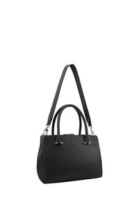 Zwarte leren handtas met dubbele handvatten en een afneembare schouderriem. Glad oppervlak en minimalistisch ontwerp, met metalen hardwareaccenten.