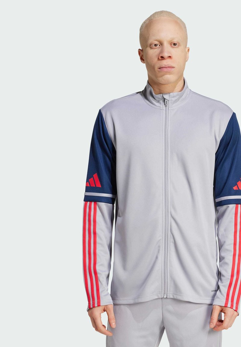 Chaqueta gris con cremallera y mangas azules que presentan franjas rojas, además de tres franjas rojas diagonales en los hombros; fabricada con material ligero.