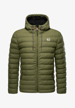 Vihreä pehmeä takki vetoketjulla edessä, hupulla, kahdella sivutaskulla ja joustavilla nyöreillä. Takissa on tekstuurikangasta ja rintataskussa logo.