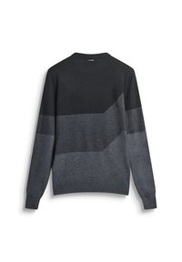 Maglione lavorato a maglia di colore nero con un motivo a strisce diagonali grigie nella parte superiore; scollatura rotonda e maniche lunghe.