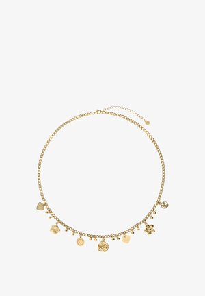 Gouden ketting met meerdere bedels: harten, bloem, roos en vredessymbool, met kleine kralen die tussen de bedels hangen.