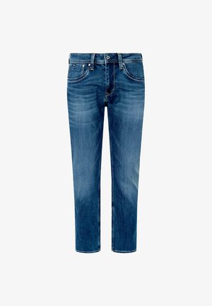 Kék egyenes szárú farmernadrág, elhalványult részletekkel, elöl gombos záródással, övbújtatókkal és öt zsebes kialakítással.