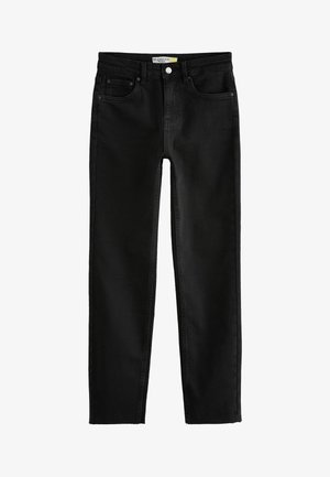Jeans noirs slim décontractés en denim, avec un design classique à cinq poches, des jambes droites et une fermeture à glissière avec un bouton.