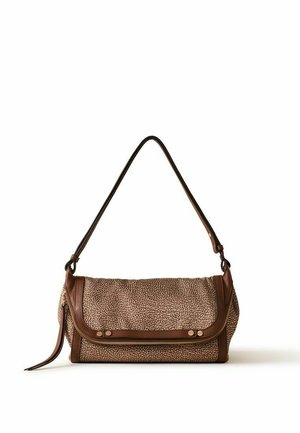 Brown textured shoulder bag with a flap, zipper, and adjustable strap, placed on a white background.