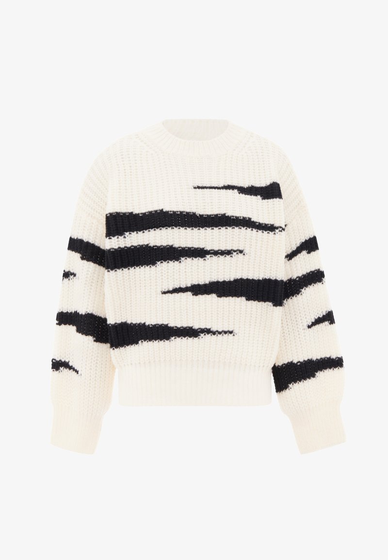 Suéter blanco de punto con patrón de rayas negras en forma de dientes de sierra. Presenta un cuello redondo, puños acanalados y un corte relajado. Tejido texturizado.