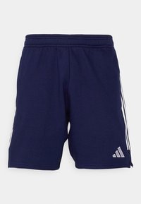 Pantalones cortos deportivos de color azul marino, fabricados con un tejido suave, con franjas laterales blancas y un logotipo bordado en la parte inferior izquierda frontal.