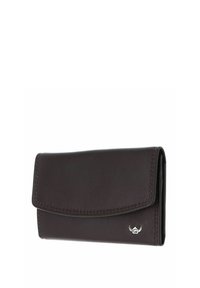 Portefeuille compact en cuir noir avec fermeture à rabat et petit emblème argenté dans le coin inférieur droit.