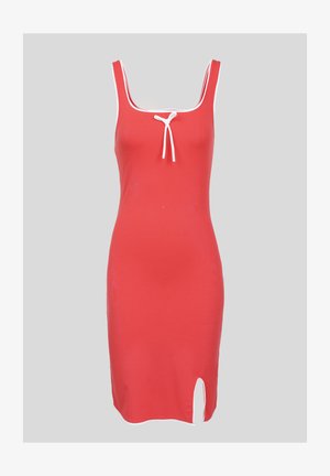 Rochie roșie fără mâneci, cu detalii albe, decolteu rotund, legare ajustabilă în față și fante laterale pentru un plus de detaliu.