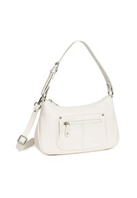 Witte leren schoudertas met een bovenrits en een voorvak. Beschikt over een verstelbare strap en zilveren hardware accenten. Smooth textuur.