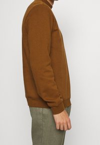 Brun sweatshirt med rund halsringning och ribbade ärmmuddar, tillverkad av ett mjukt tyg. Sidan visar en vanlig passform och en slät textur.