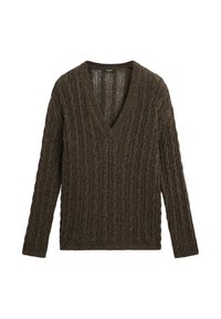 Maglione lavorato a maglia marrone scuro con scollo a V e texture a costine; maniche lunghe e vestibilità rilassata, adatto per un abbigliamento casual.