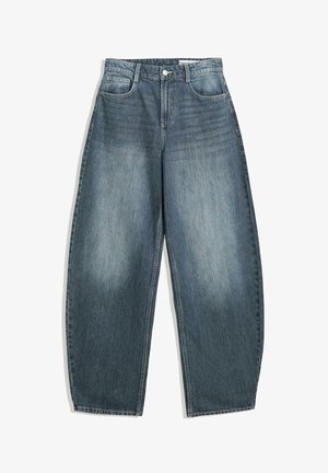 Helleblaue Denim-Jeans im weiten Schnitt haben eine hohe Taille, fünf Taschen, dezente Ausbleichungen und Ziernähte entlang der Nähte.