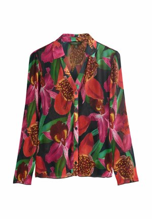Long-sleeve blouse in sheer black fabric adorned with vibrant floral patterns in pink, red, and green, featuring a button front and collar.
